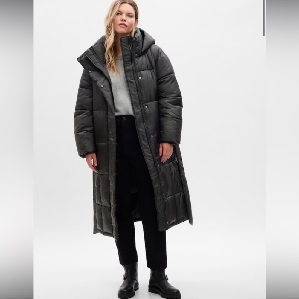 Gap Puffer Hooded Coat Knee Length Down Feather Black Size Medium